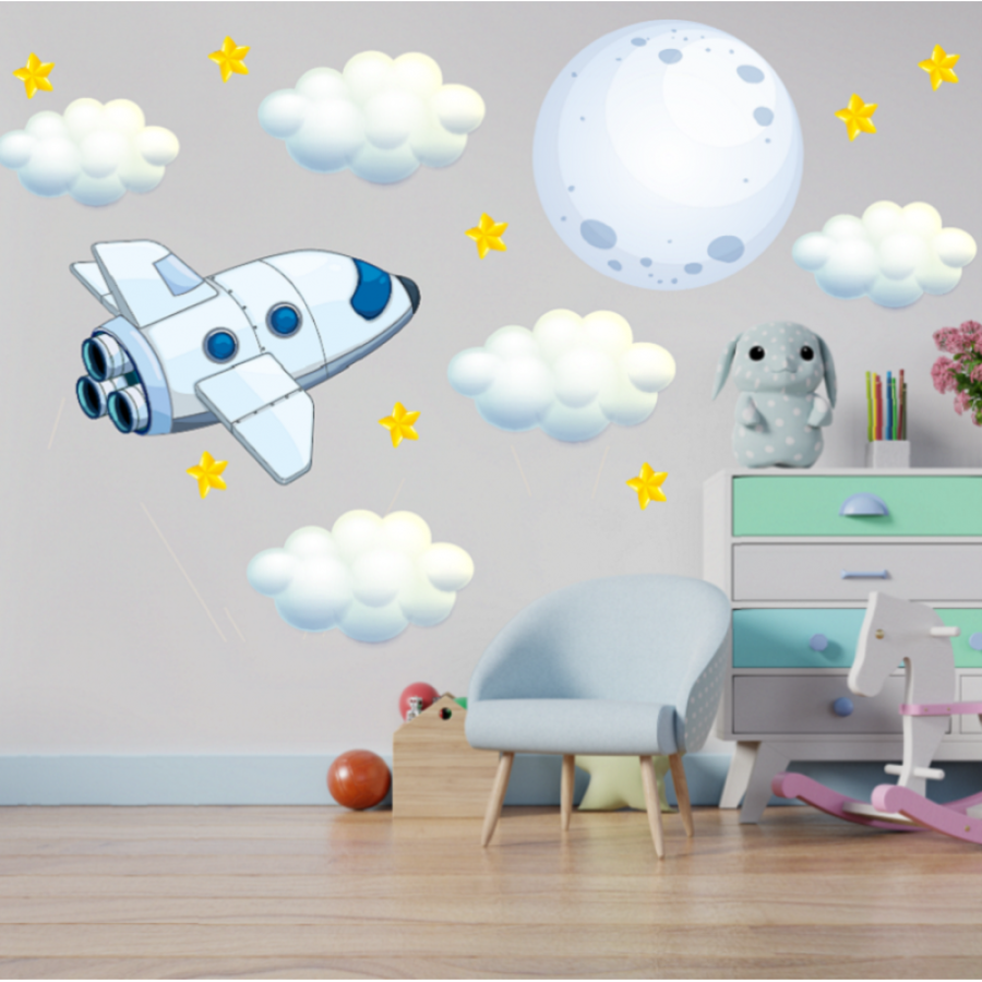Sienų lipdukai vaikų kambariui "Lėktuvas į mėnulį"