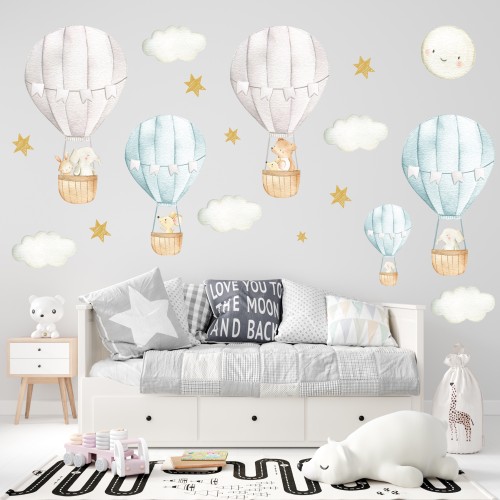Kids Wall Stickers "Grey and Blue Hot Air Balloons"